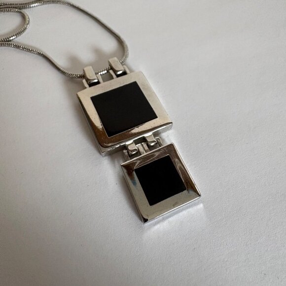 Black Double Square Pendant Necklace Silver Tone Snake Chain Minimalist Modern - Picture 1 of 8